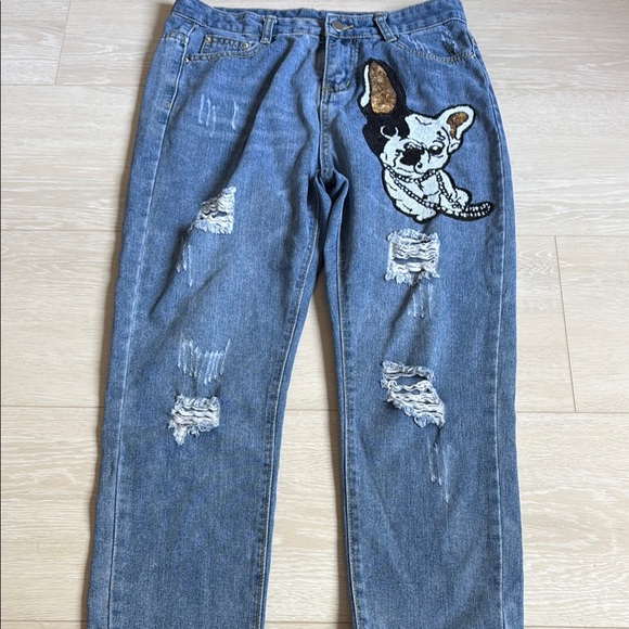 Pants - 3/$10 Blue Relaxed Jeans Distressed Details French Bulldog Rhinestone Accent